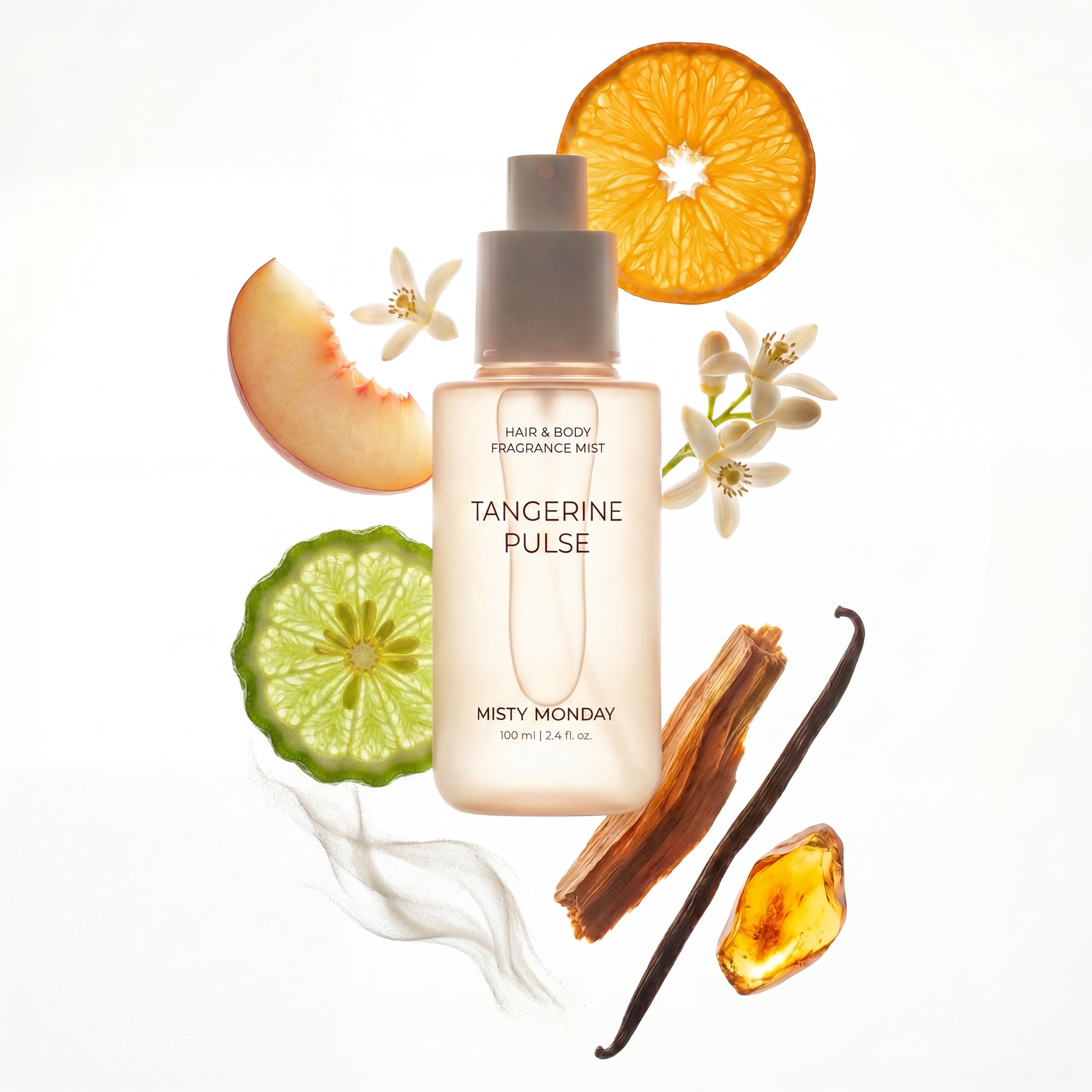 Misty Monday Tangerine Pulse haj és testpermet fehér háttér előtt, körülötte mandarin, barack, vanília, gyöngyvirág, szantálfa, bergamot, ámbra