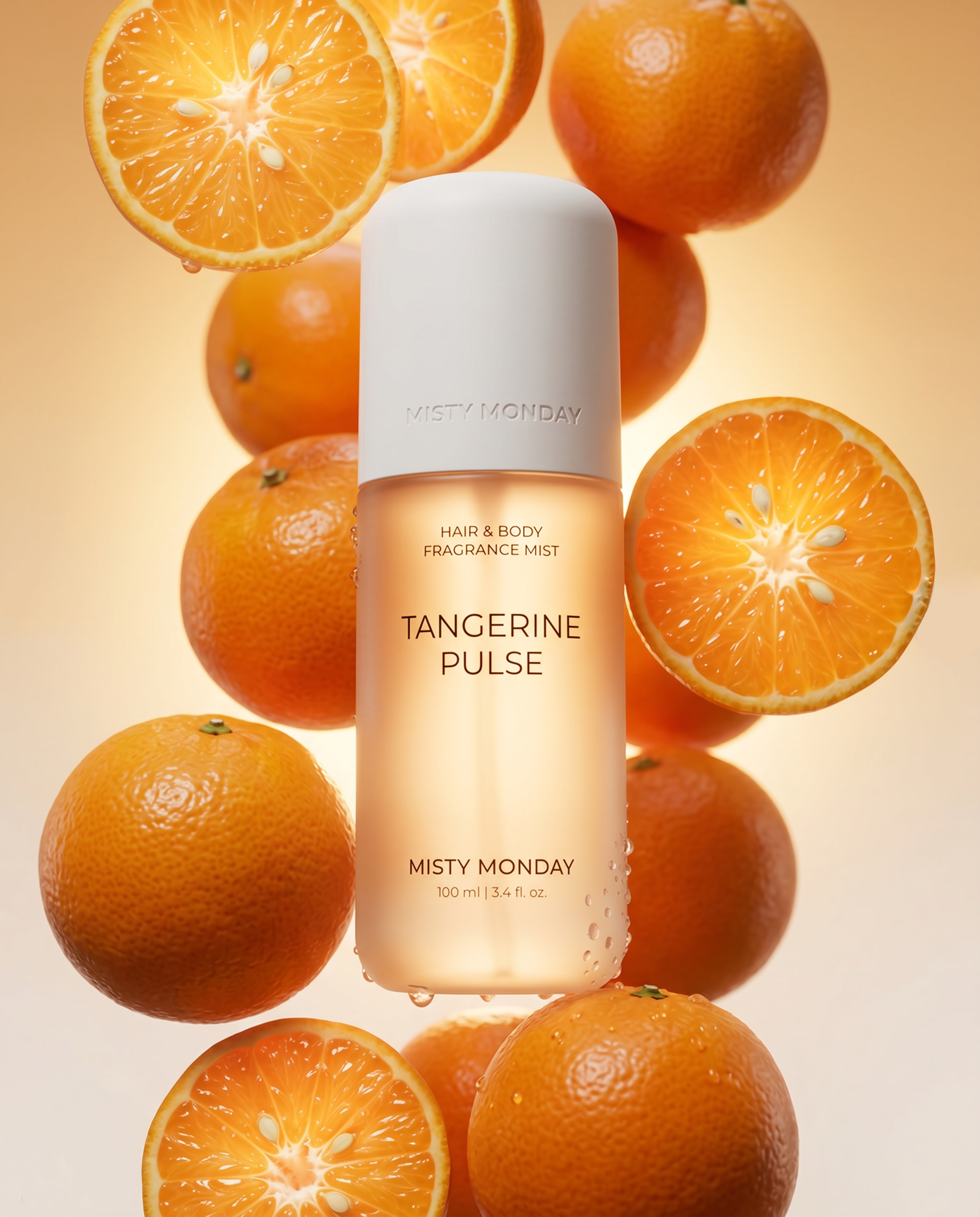 Misty Monday Tangerine Pulse haj és testpermet mandarinokkal a háttérben cseppekkel az alján